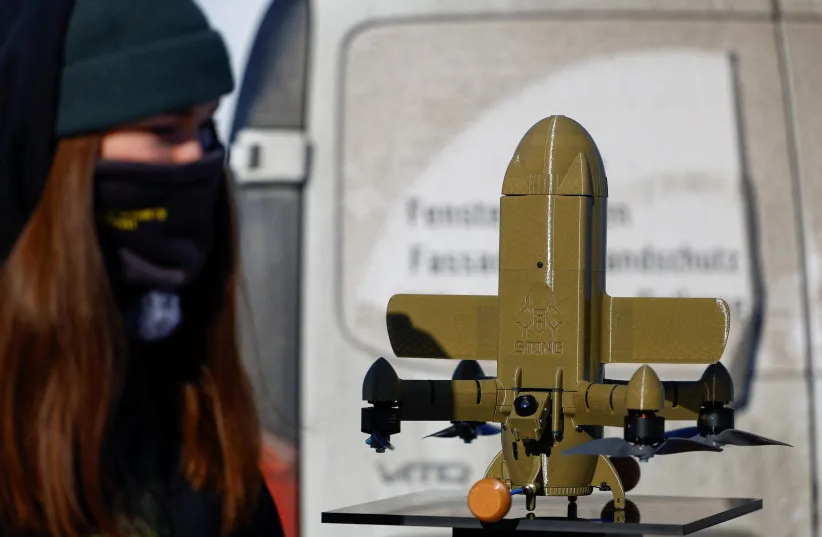 STING FPV interceptor drone is displayed at an exhibition of Ukrainian drone makers in an undisclosed location in Ukraine