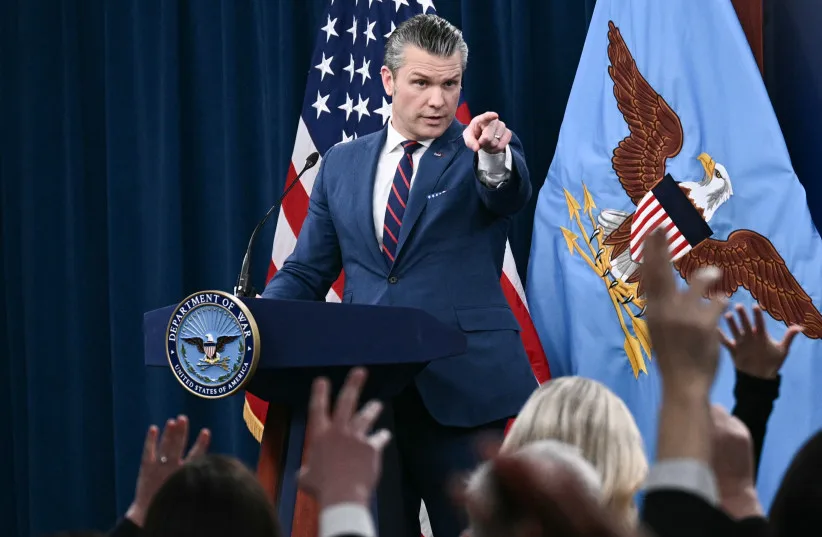 US War Secretary Pete Hegseth takes questions during a press conference on US military action in Iran, at the Pentagon in Washington, DC.