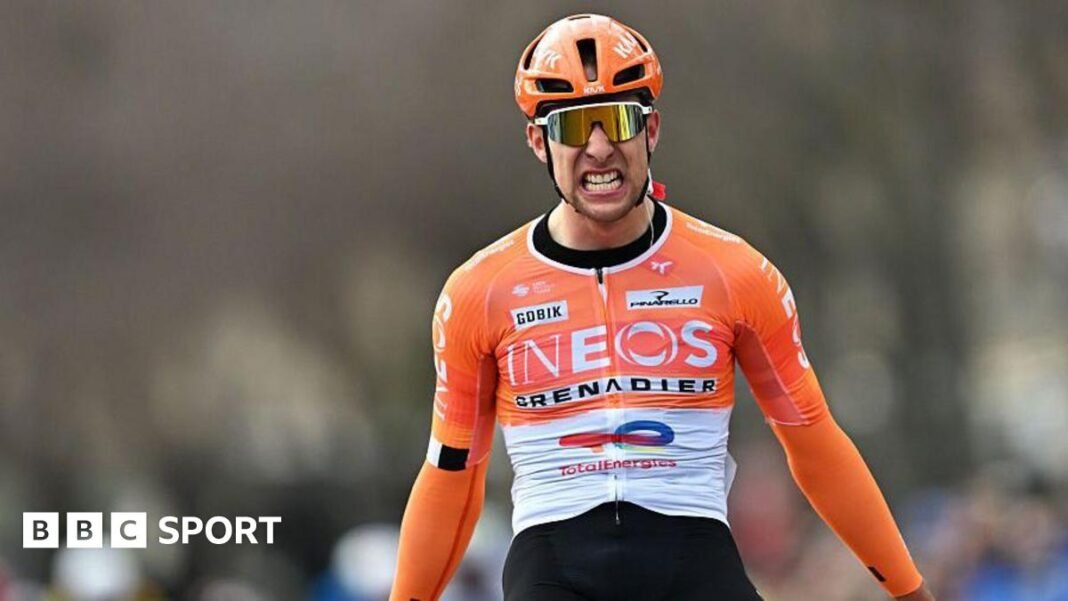 Axel Lawrence celebrates winning stage three of the Tour de la Provence