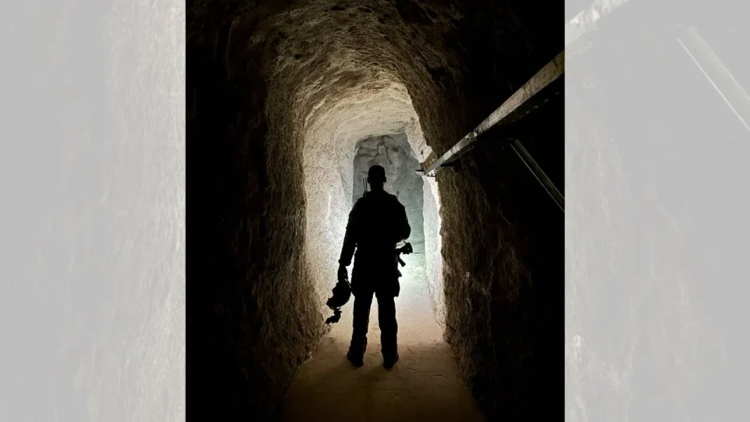 IDF soldier stands in the largest Hezbollah tunnel city in Southern Lebanon, built with aid from Iran. April 28, 2026.