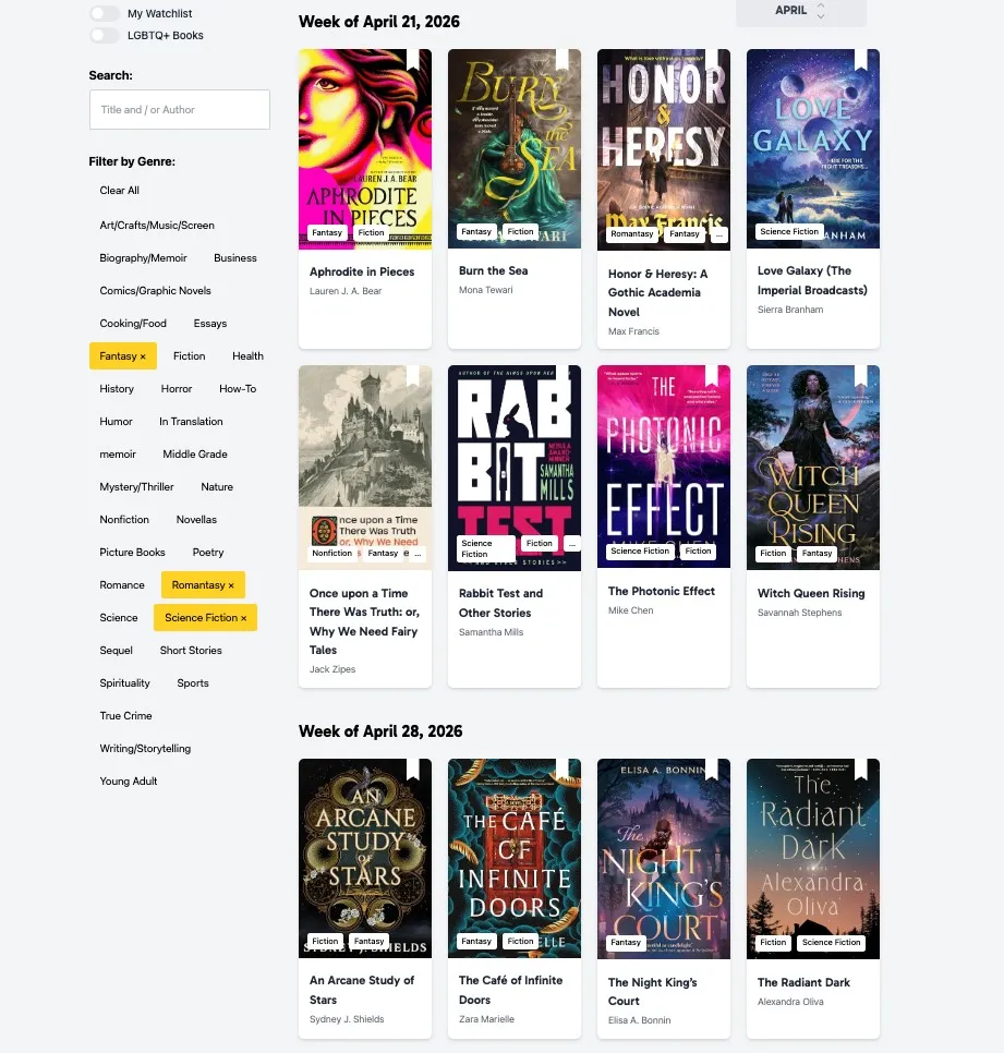 a screenshot of the New Release Index in April, filtered by SFF books