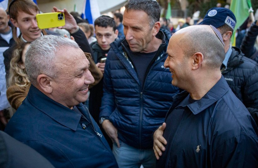 Naftali Bennett and Gadi Eisenkot at a march for conscripting haredi (ultra-Orthodox) Jews into the IDF, in Jerusalem, January 15, 2026; illustrative.