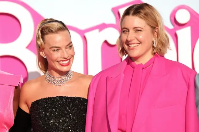 Margot Robbie and Greta Gerwig at the premiere of 'Barbie' held at Shrine Auditorium and Expo Hall on July 9, 2023 in Los Angeles, California.