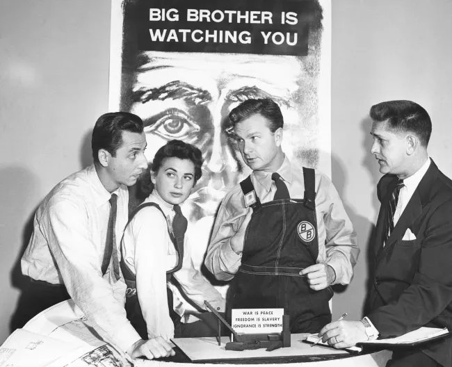 STUDIO ONE, Production meeting for '1984', from left: Kim Swados (set designer), Norma Crane, Eddie Albert, Paul Nickell (director), (Season 6, ep 601, aired September 21, 1953), 1948-1958