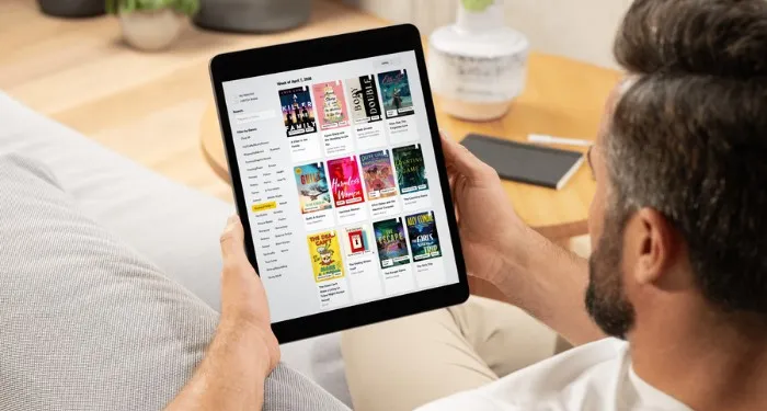 a person on a tablet looking at the New Release Index for April, filtered by mystery and thriller books