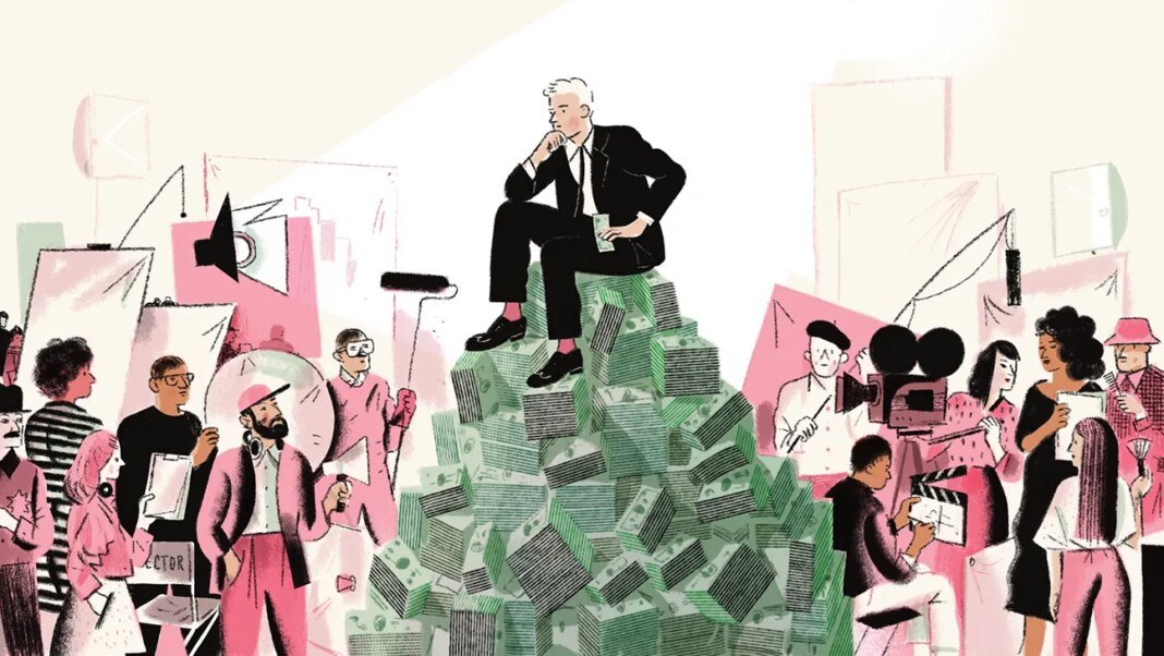 A man in a suit sitting atop a pile of cash, surrounded by cast and crew of a film production