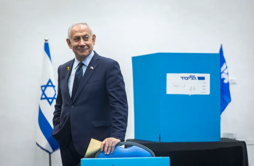 Prime Minister Benjamin Netanyahu and his wife Sara cast their vote during the elections for the Likud Central Committee, at the International Convention Center in Jerusalem, November 25, 2025