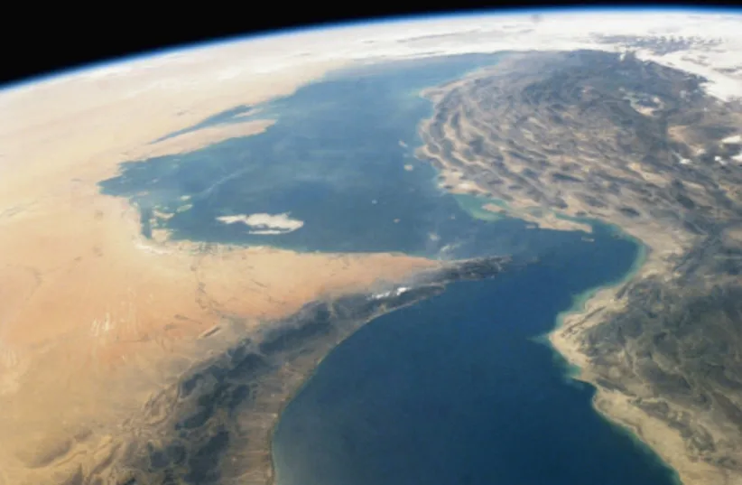 This image shows the Strait of Hormuz, between the Persian Gulf and the Gulf of Oman. The Strait of Hormuz runs between Iran and United Arab Emirates, 2004.
