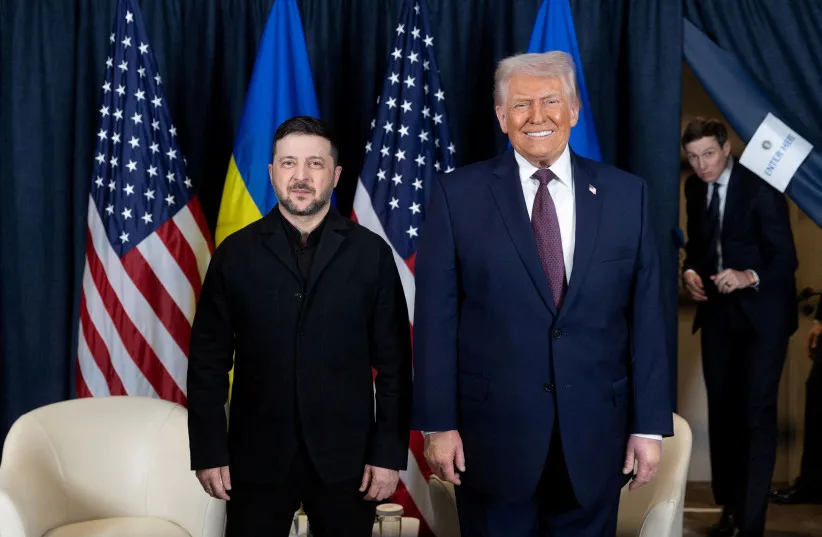 Ukraine's President Volodymyr Zelensky and US President Donald Trump pose for a picture during their meeting at the sidelines of the 56th annual World Economic Forum (WEF), in Davos, Switzerland, January 22, 2026.