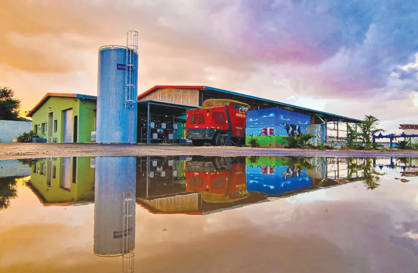 Dairy farm in Kibbutz Alumim with reflection shown on pools of water. The photo was shown in an exhibition in the Eshkol Regional Council.