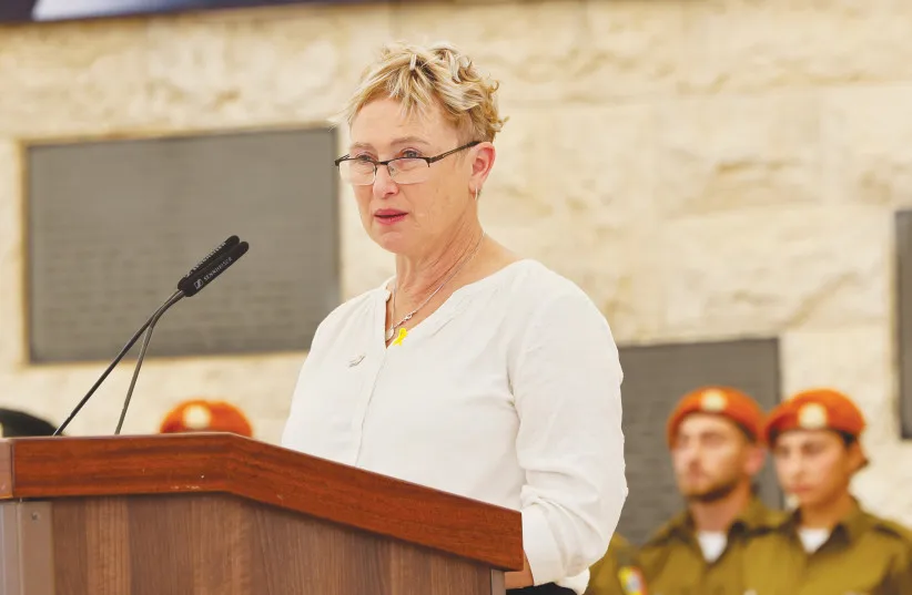 Iris Haim speaks during a state memorial ceremony for civilians murdered on Oct. 7, at Jerusalem’s Mount Herzl, Oct. 2024.