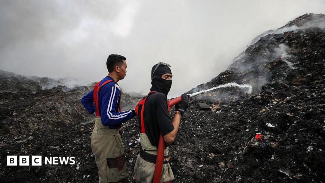 A mountain of rubbish in Indonesia has been on fire for more than a week