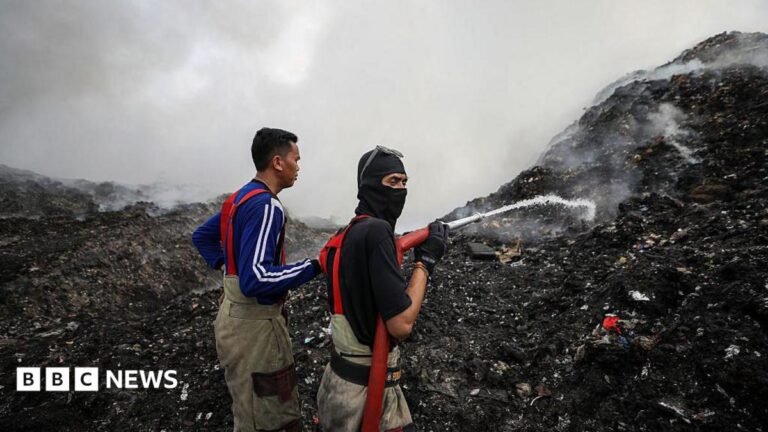 A mountain of rubbish in Indonesia has been on fire for more than a week