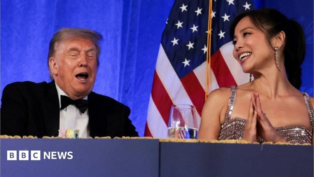 Trump pokes fun at press during White House Correspondents' Dinner Two sisters with long blonde hair and both wearing sunglasses smile for the camera. There are hills and green shrubs behind them. The girl on the left is wearing a dark blue sports shirt, the girl on the right is wearing a red one.