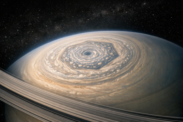 A newly emerged ten‑sided storm at Saturn’s south pole puzzles planetary scientists
