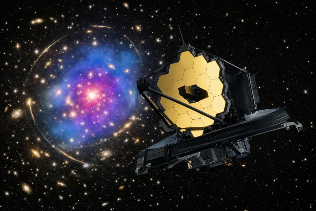 Webb maps an unexpectedly dense dark-matter heart in an ancient galaxy cluster