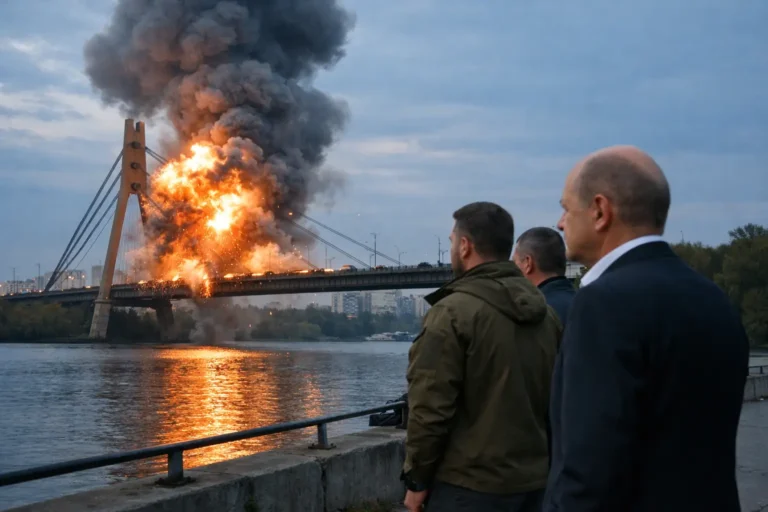 Drone Strike Sparks Blaze on Kyiv’s Pivnichyi Bridge During Chancellor’s Surprise Visit